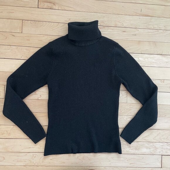 Vintage 90s Black Ribbed Turtleneck Gold Metallic 80s Minimalist Sweater Size S - Picture 2 of 8